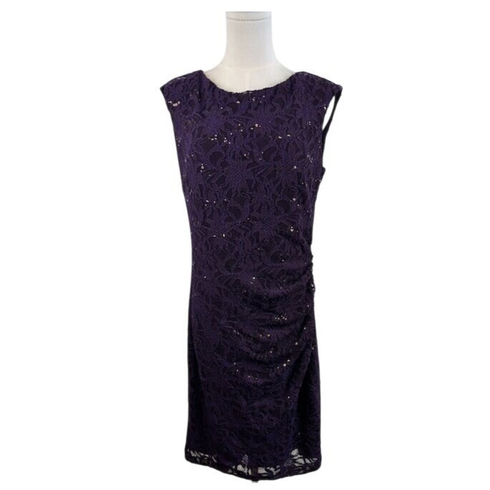 NWOT Ralph Lauren Purple Lace Sequin Dress Ruched Sleeveless Cocktail Size 12